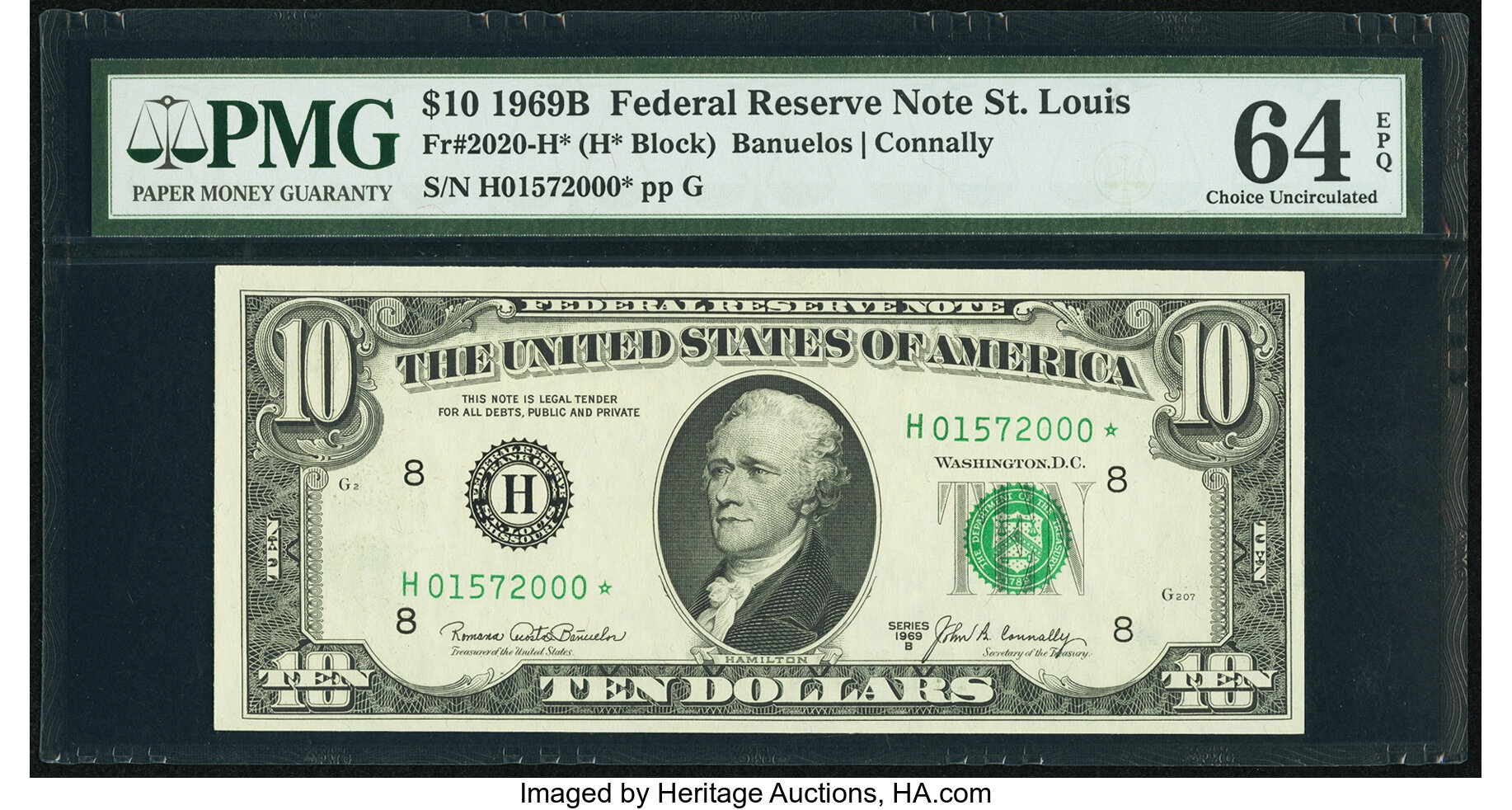 image for: Fr. 2020-H* $10 1969B Federal Reserve Note. PMG Choice Uncirculated 64 EPQ....