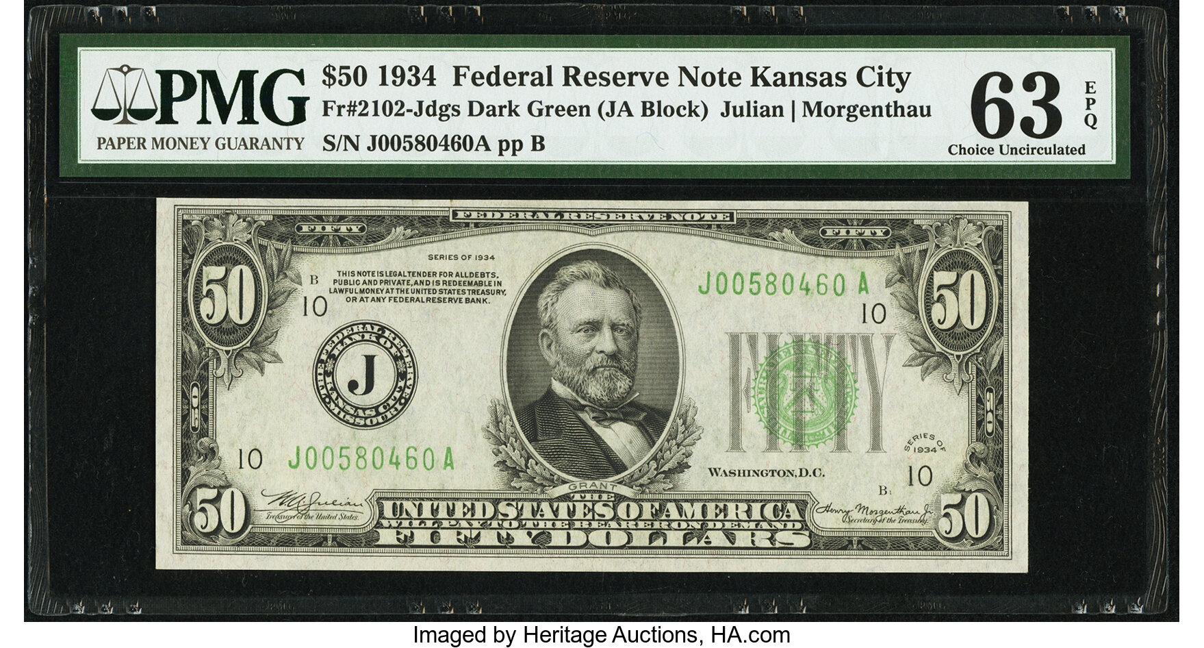 image for: Fr. 2102-J $50 1934 Dark Green Seal Federal Reserve Note. PMG Choice Uncirculated 63 EPQ....