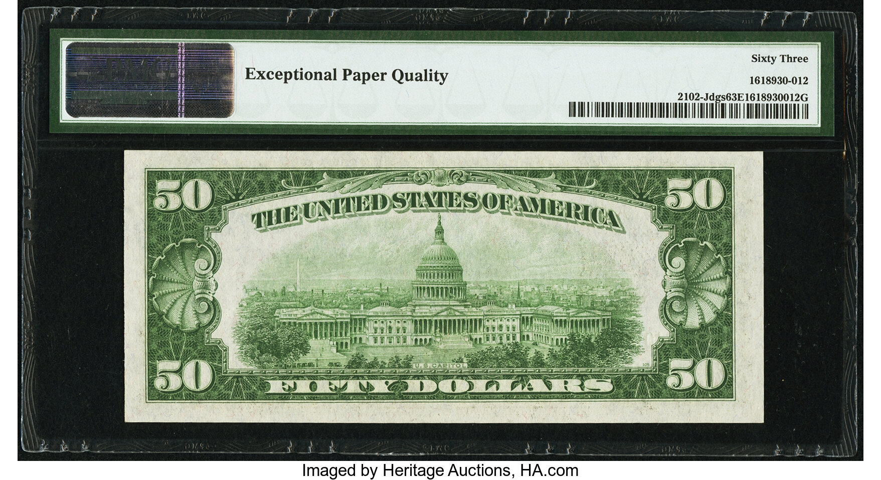 image for: Fr. 2102-J $50 1934 Dark Green Seal Federal Reserve Note. PMG Choice Uncirculated 63 EPQ....
