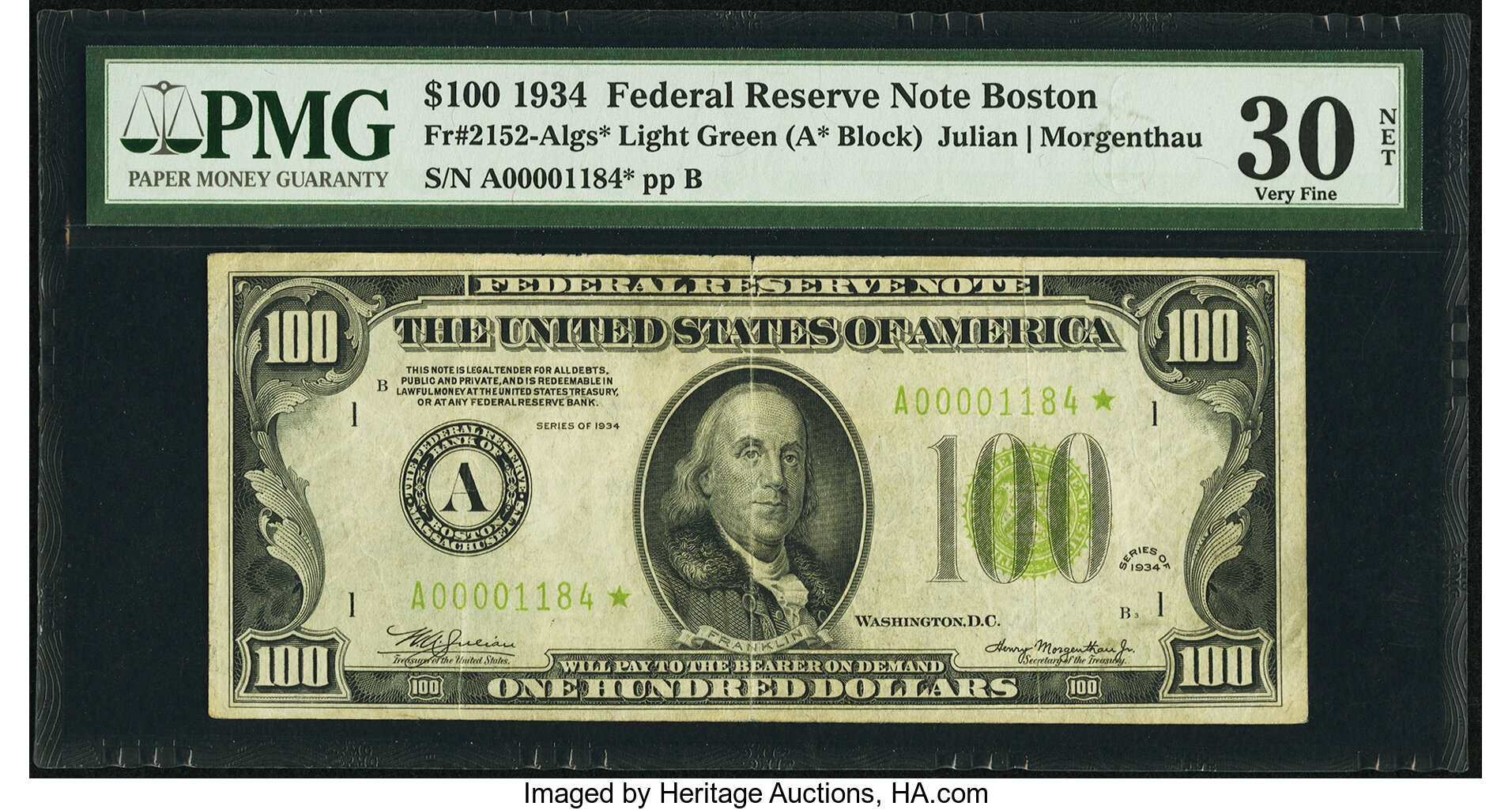 image for: Fr. 2152-A* $100 1934 Light Green Seal Federal Reserve Note. PMG Very Fine 30 Net....
