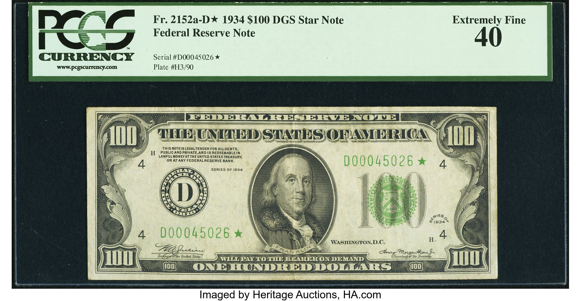 image for: Fr. 2152-D* $100 1934 Dark Green Seal Federal Reserve Note. PCGS Extremely Fine 40....