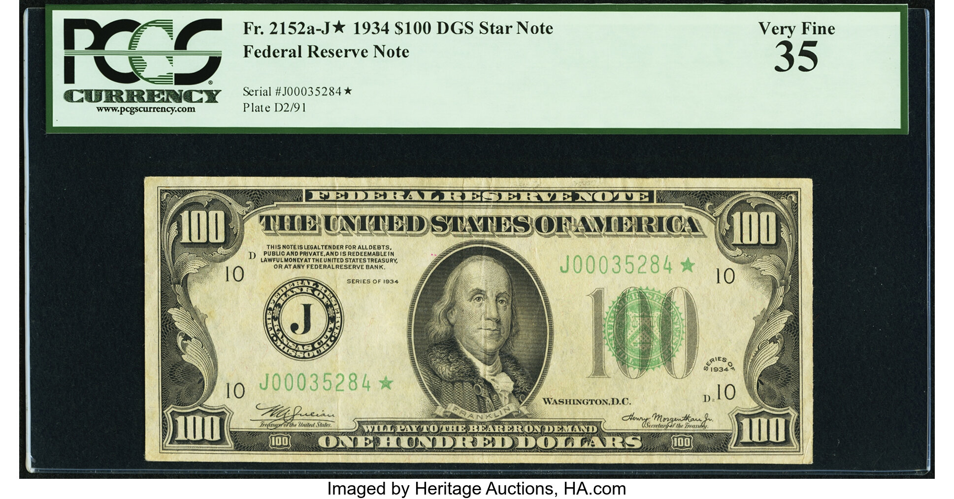 image for: Fr. 2152-J* $100 1934 Dark Green Seal Federal Reserve Note. PCGS Very Fine 35....