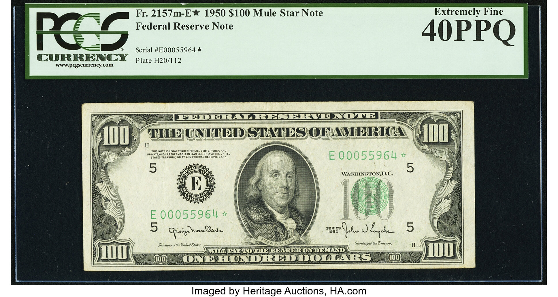 image for: Fr. 2157-E* $100 1950 Mule Federal Reserve Note. PCGS Extremely Fine 40PPQ....