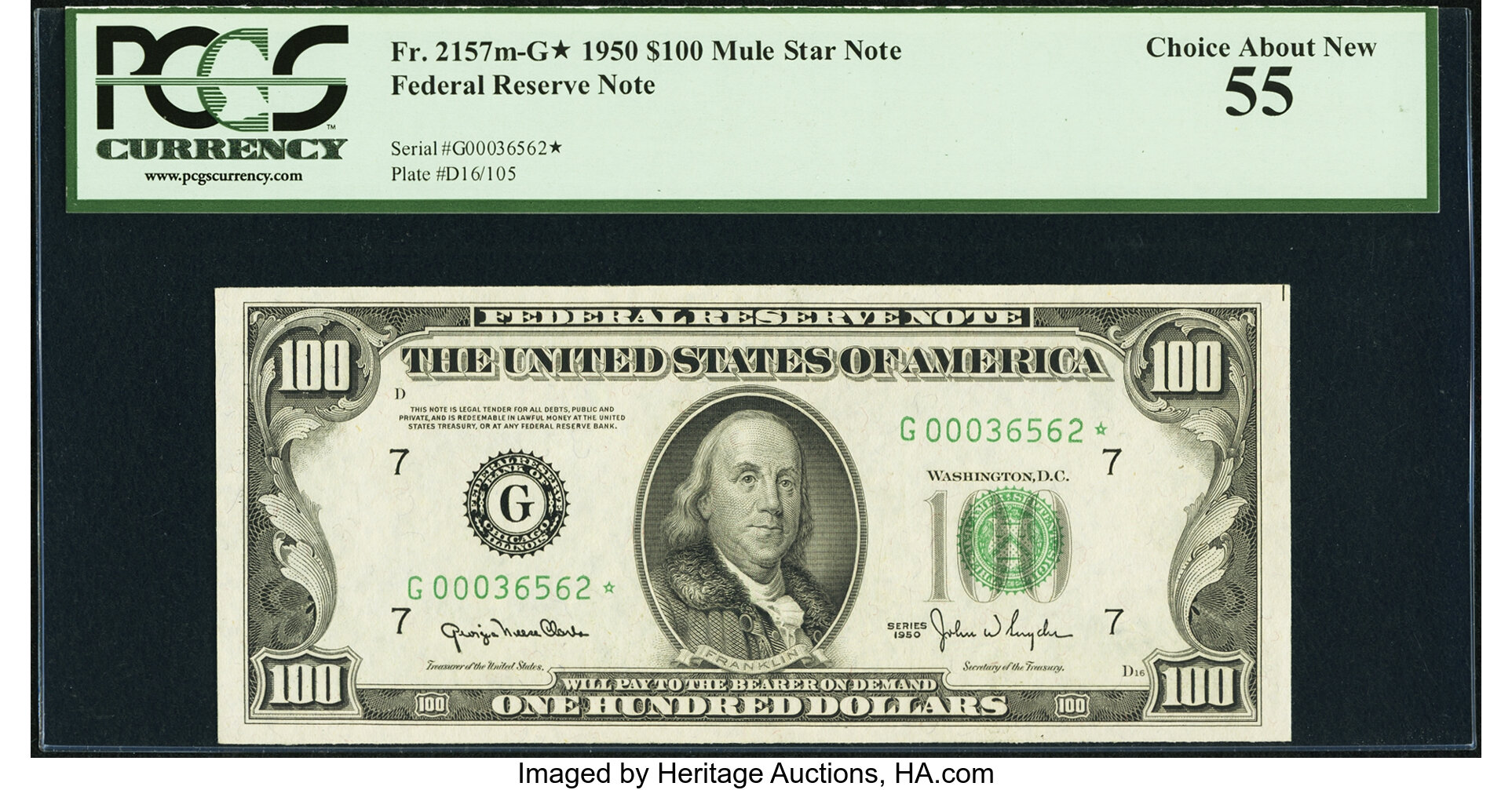 image for: Fr. 2157-G* $100 1950 Mule Federal Reserve Note. PCGS Choice About New 55....