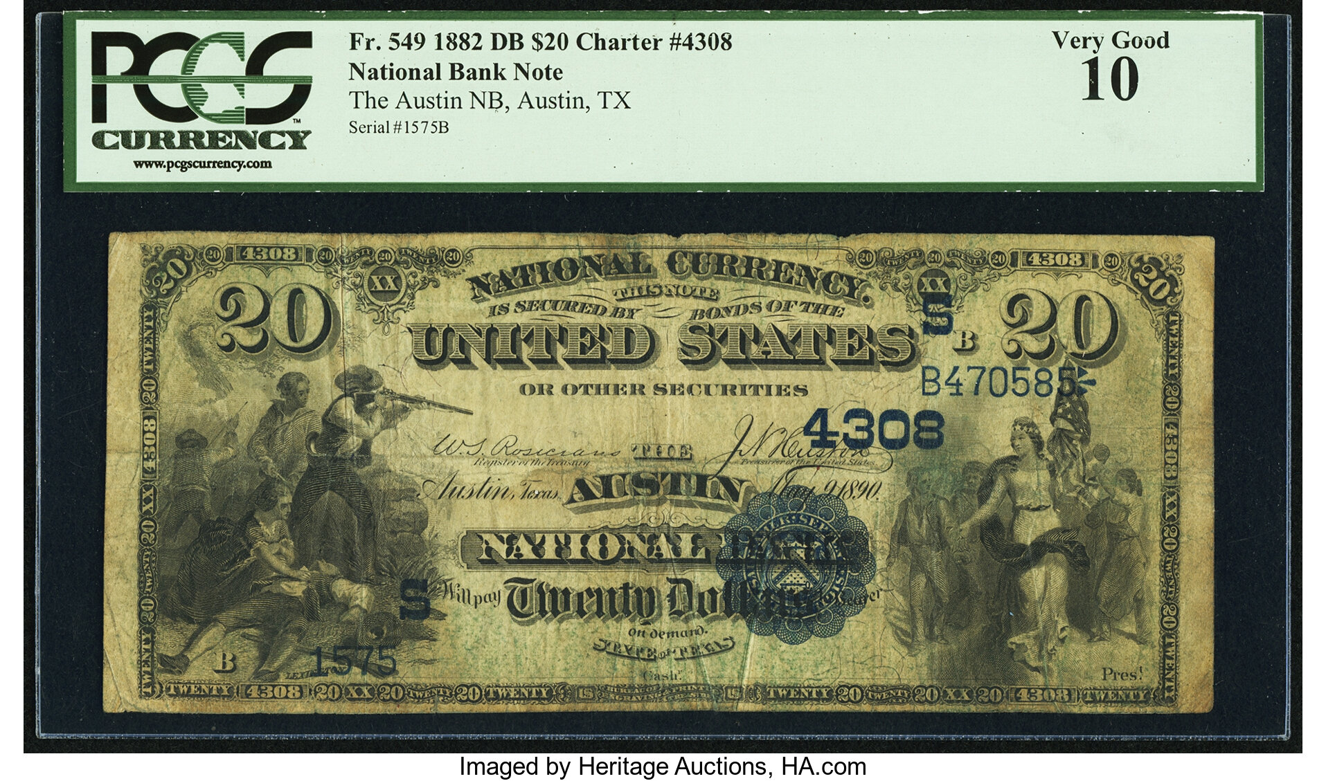 image for: Austin, TX - $20 1882 Date Back Fr. 549 The Austin National Bank Ch. # (S)4308 PCGS Very Good 10....