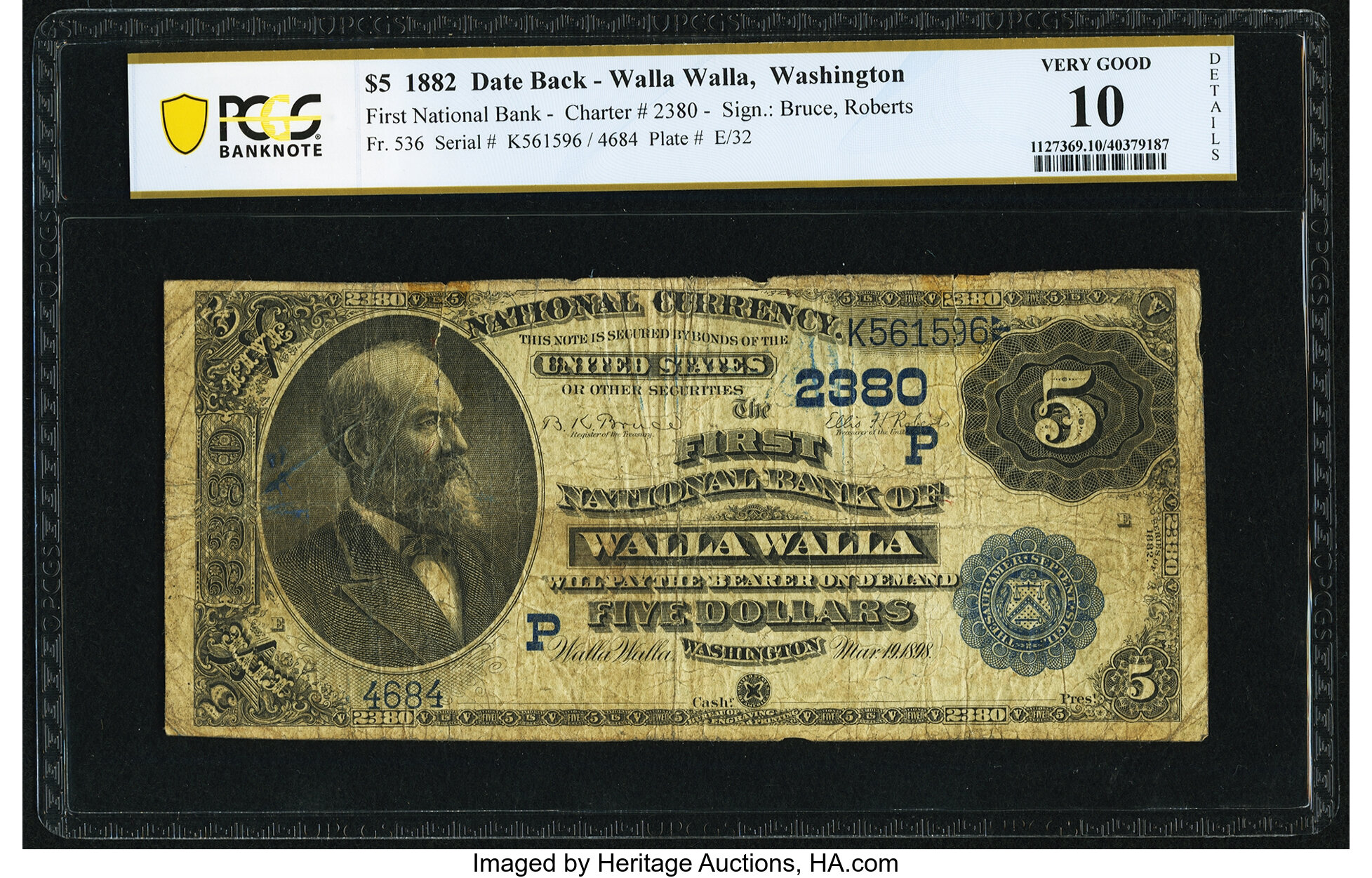 image for: Walla Walla, WA - $5 1882 Date Back Fr. 536 The First National Bank Ch. # (P)2380 PCGS Banknote Very Good 10 Details....