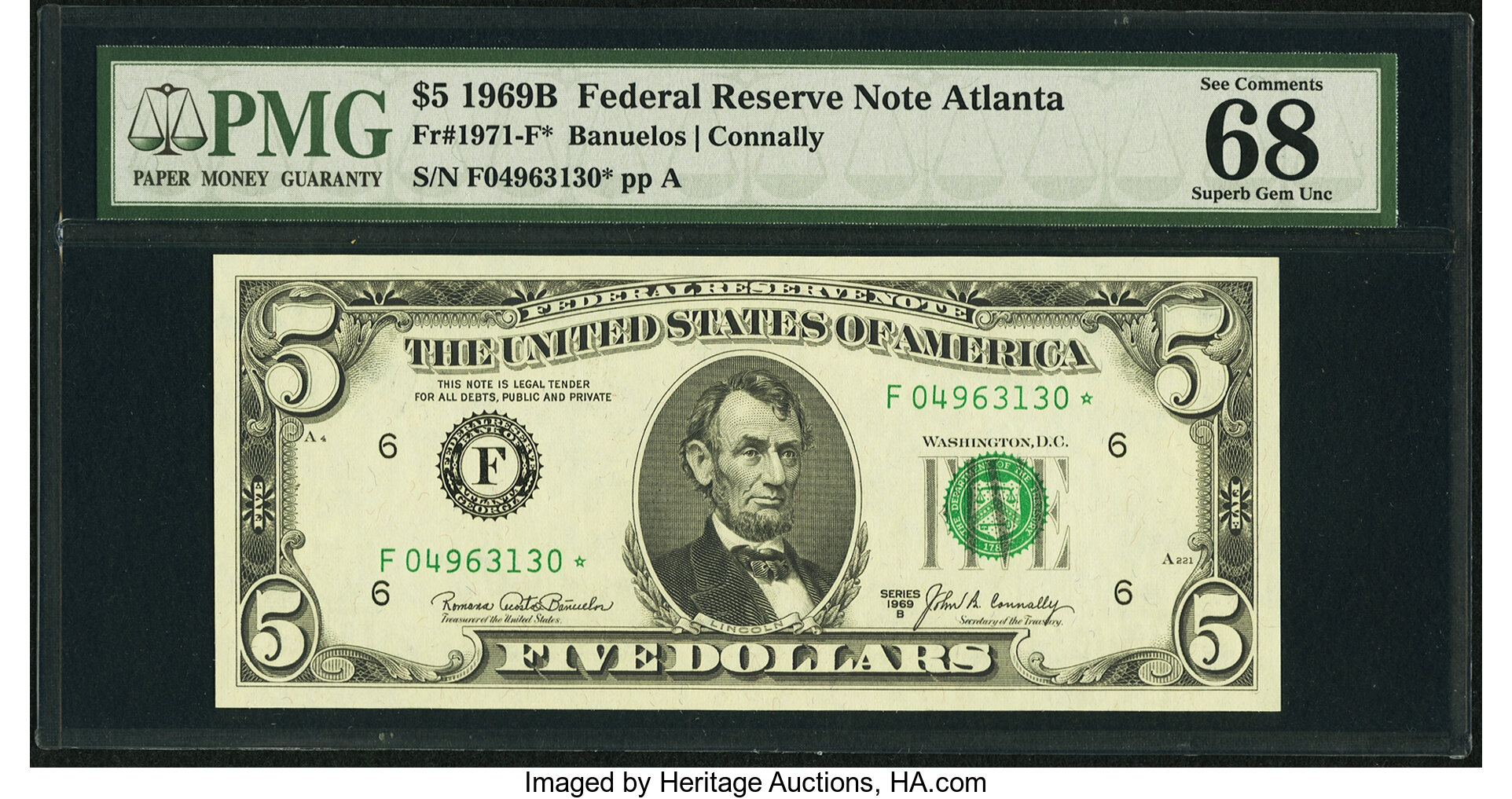 image for: Fr. 1971-F* $5 1969B Federal Reserve Note. PMG Superb Gem Unc 68 EPQ....