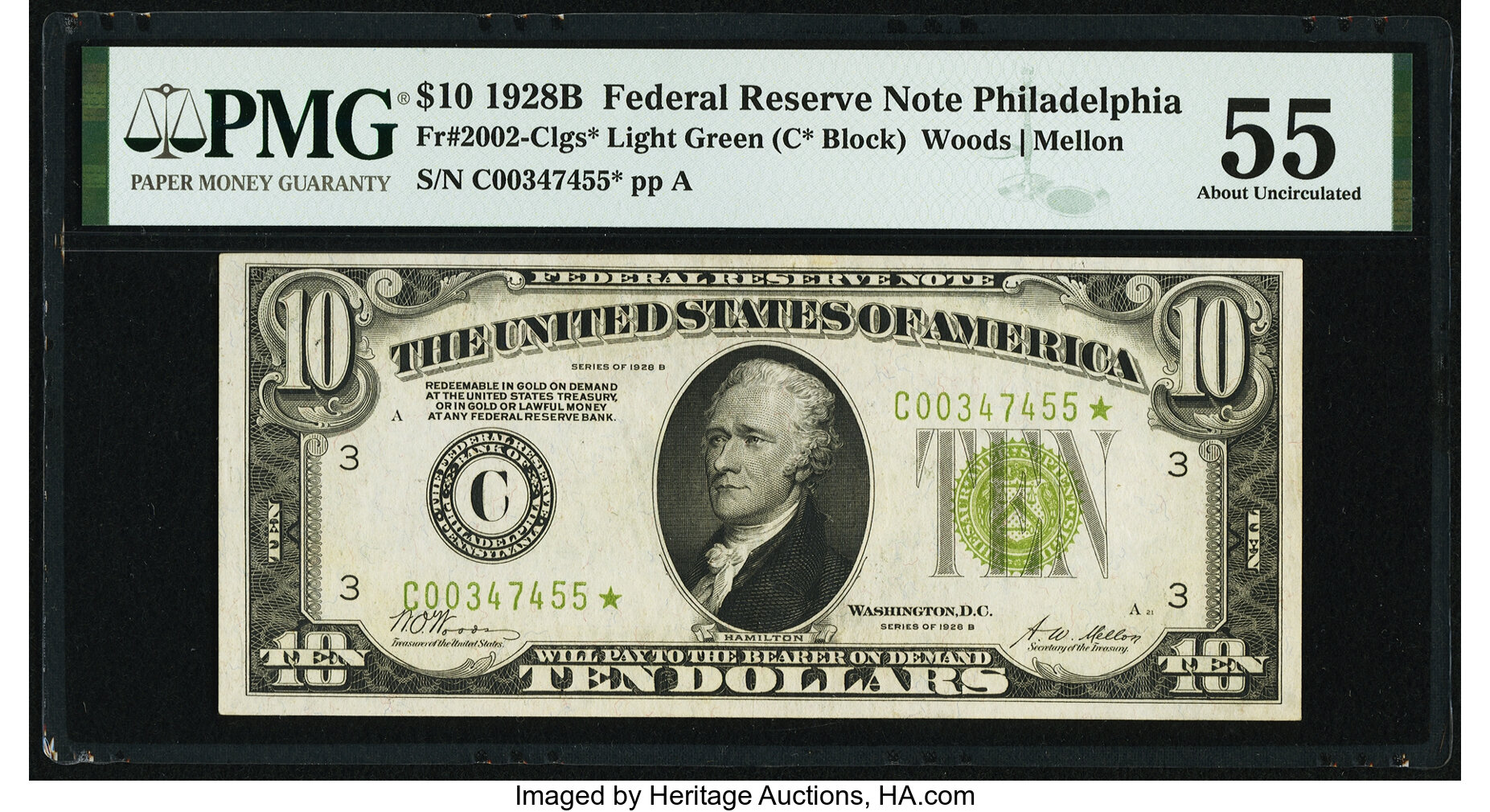 image for: Fr. 2002-C* $10 1928B Light Green Seal Federal Reserve Note. PMG About Uncirculated 55....