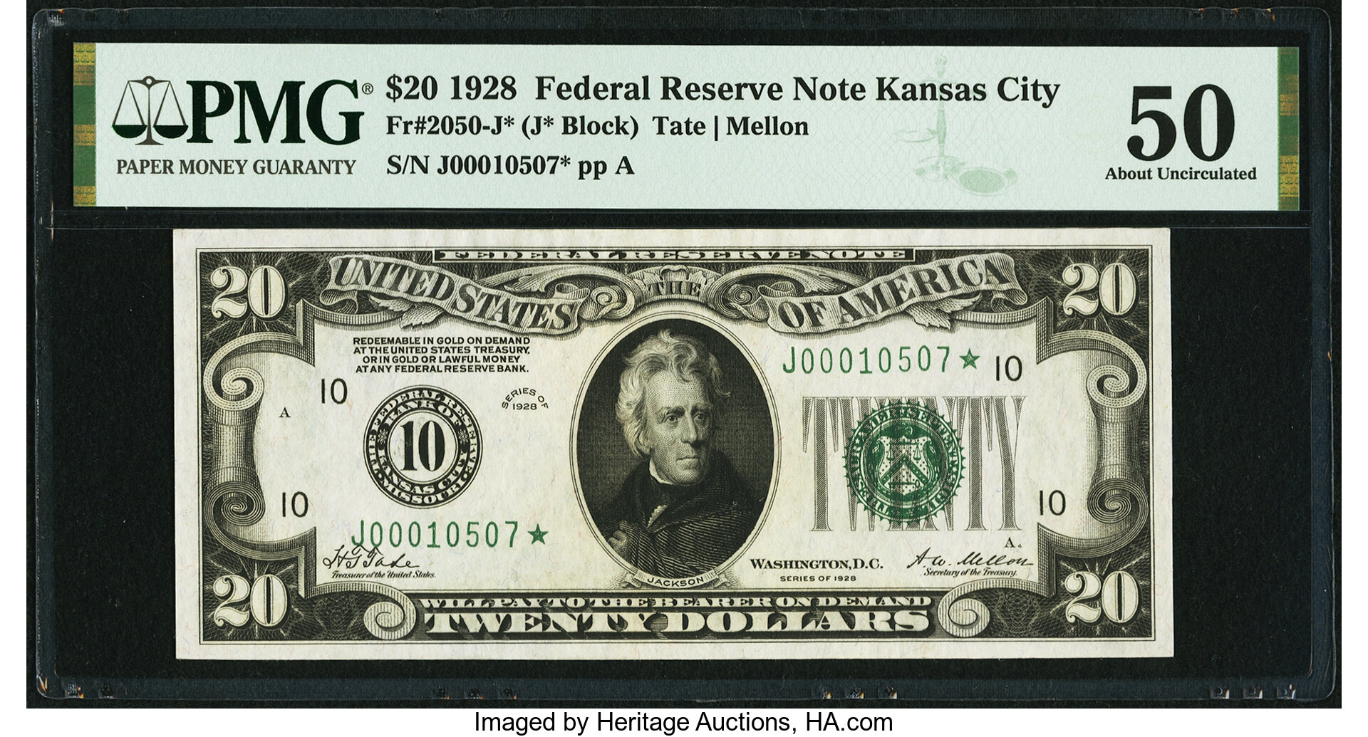 image for: Fr. 2050-J* $20 1928 Federal Reserve Note. PMG About Uncirculated 50....