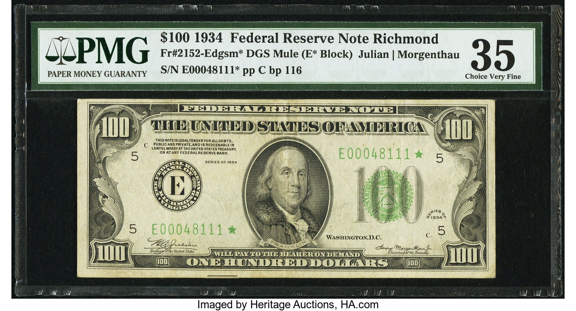 image for: Fr. 2152-E* $100 1934 Mule Federal Reserve Note. PMG Choice Very Fine 35....