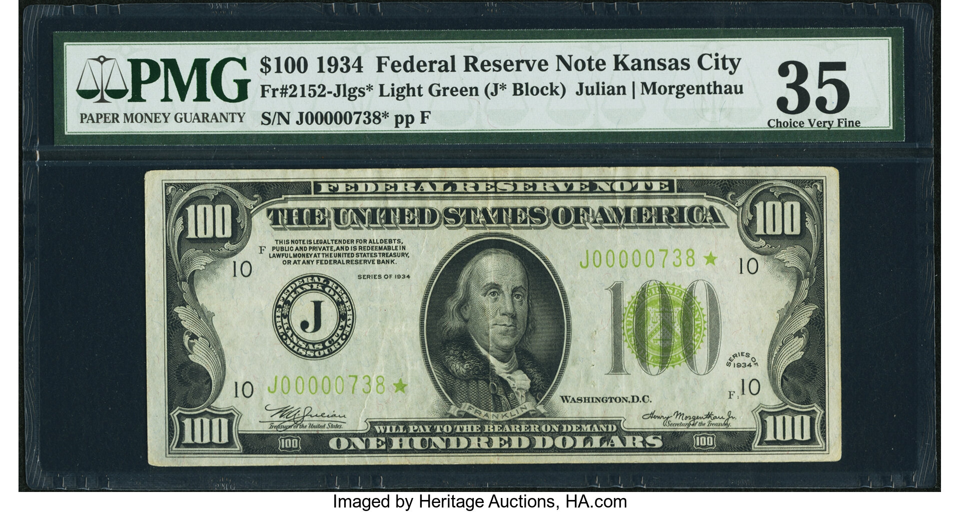 image for: Fr. 2152-J* $100 1934 Light Green Seal Federal Reserve Note. PMG Choice Very Fine 35....
