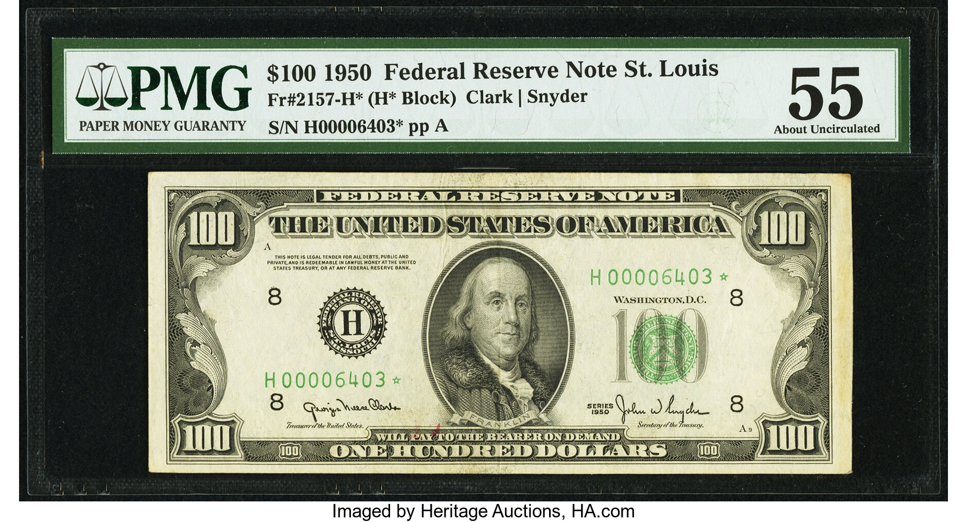 image for: Fr. 2157-H* $100 1950 Federal Reserve Note. PMG About Uncirculated 55....