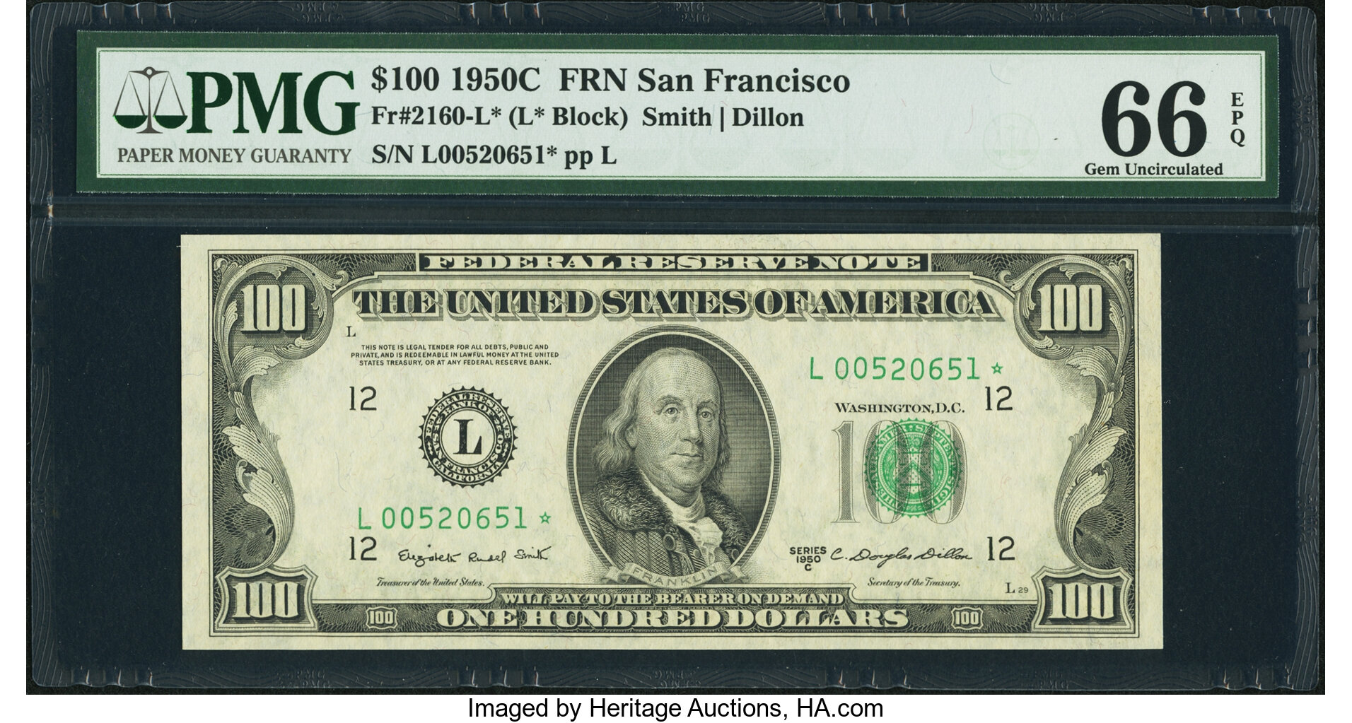 image for: Fr. 2160-L* $100 1950C Federal Reserve Note. PMG Gem Uncirculated 66 EPQ....