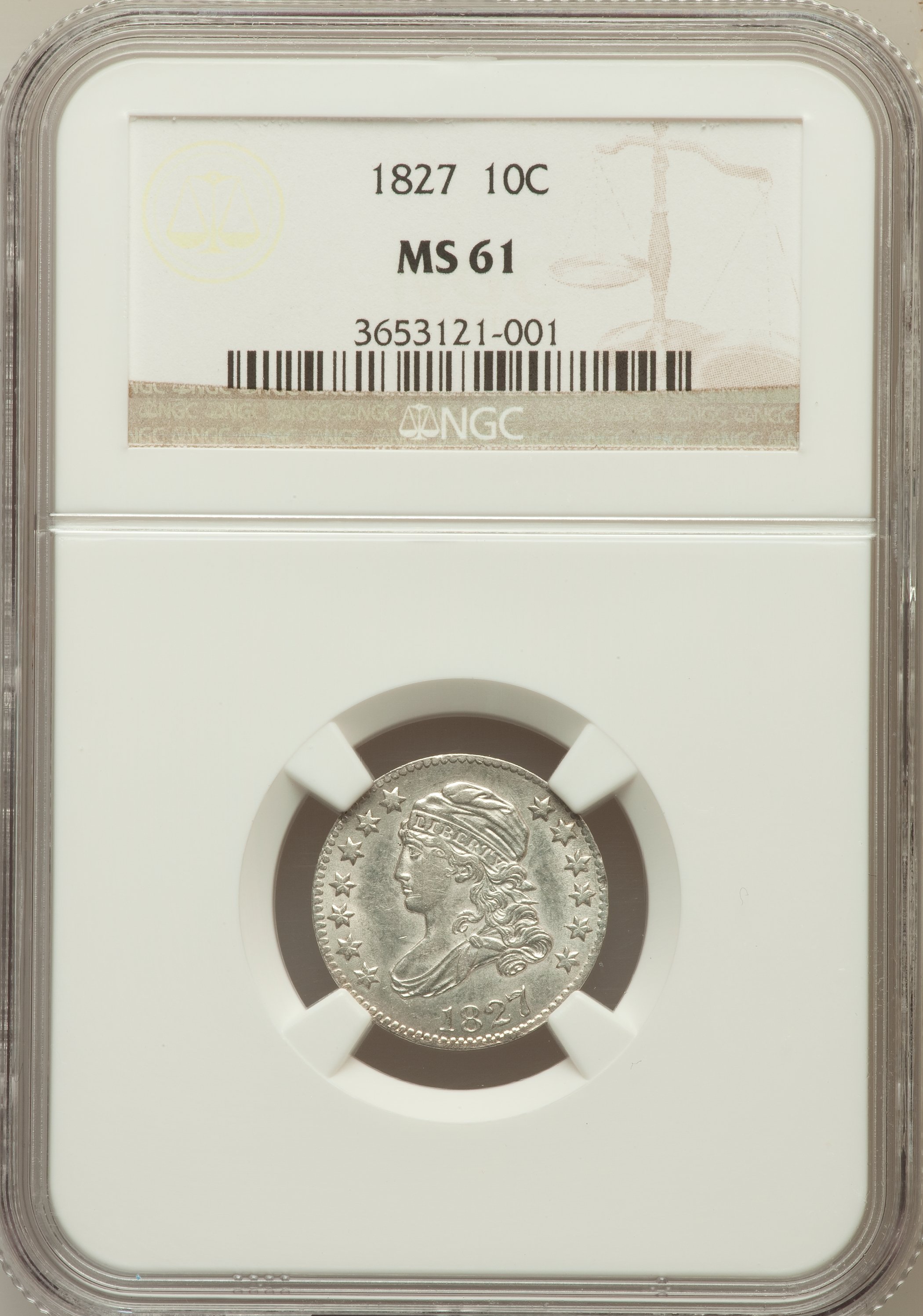 1827 10C MS61 NGC. NGC Census: (13/123). PCGS Population: (5/164). CDN: $1,200 Whsle. Bid for NGC/PCGS MS61. Mintage 1,300,...