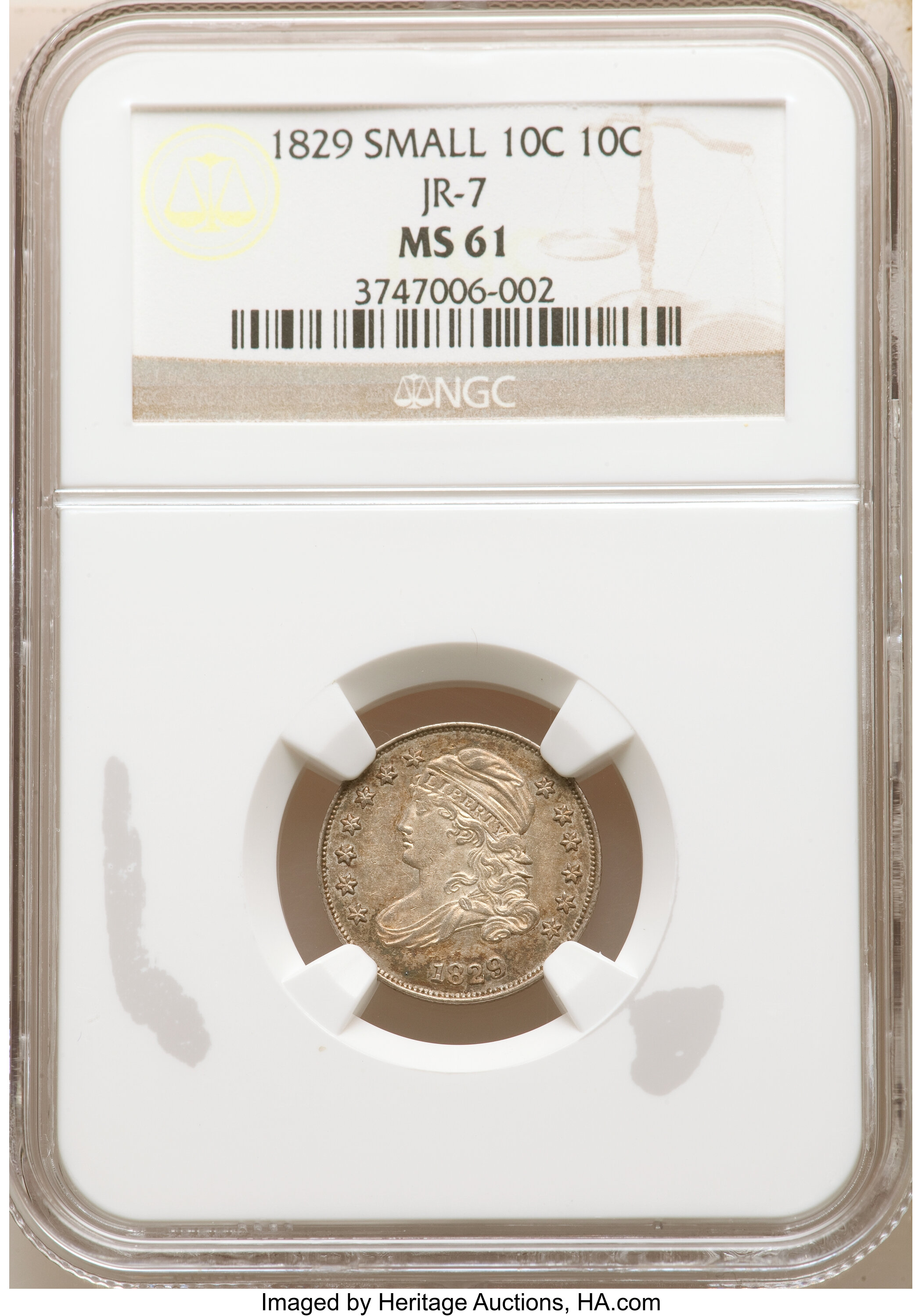 image for: 1829 10C Small 10C, JR-7, R.1, MS61 NGC. NGC Census: (2/4). PCGS Population: (0/2). MS61. Mintage 770,000. ...
