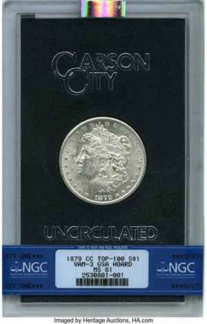 image for: 1879-CC $1 Capped Die, VAM-3, GSA, MS61 NGC. A Top 100 Variety. Includes Original Box and COA. NGC Census: (7/119). PCGS Po...