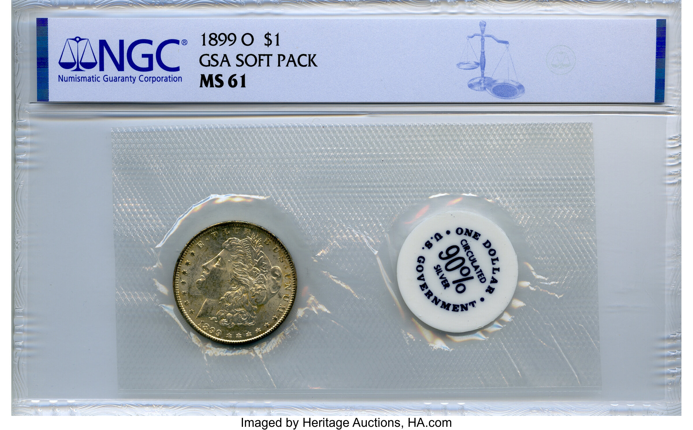image for: 1899-O $1 GSA Soft Pack MS61 NGC. NGC Census: (362/63809). PCGS Population: (355/62218). CDN: $44 Whsle. Bid for NGC/PCGS M...