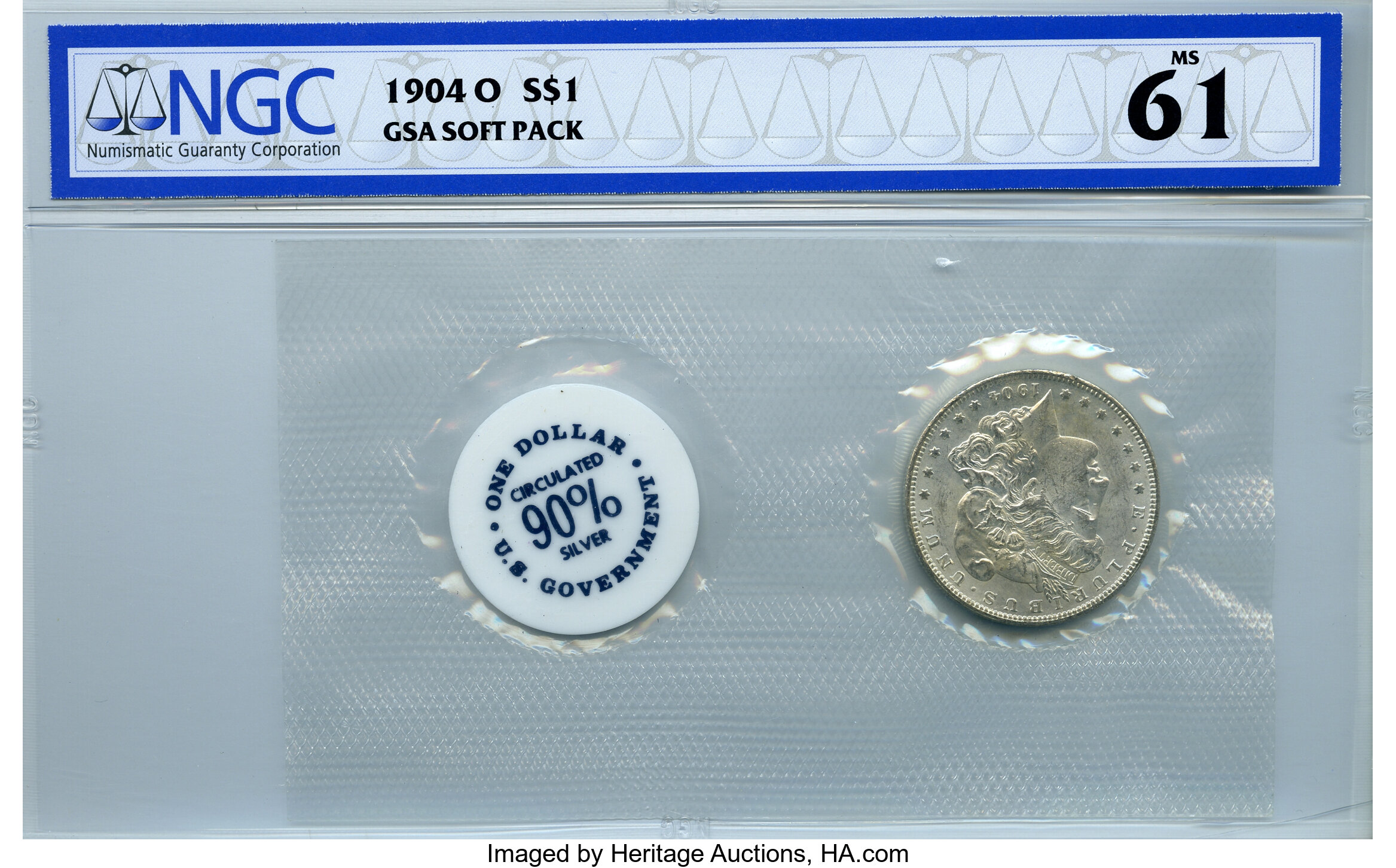 image for: 1904-O $1 GSA Soft Pack MS61 NGC. NGC Census: (543/147693). PCGS Population: (829/129020). CDN: $44 Whsle. Bid for NGC/PCGS...