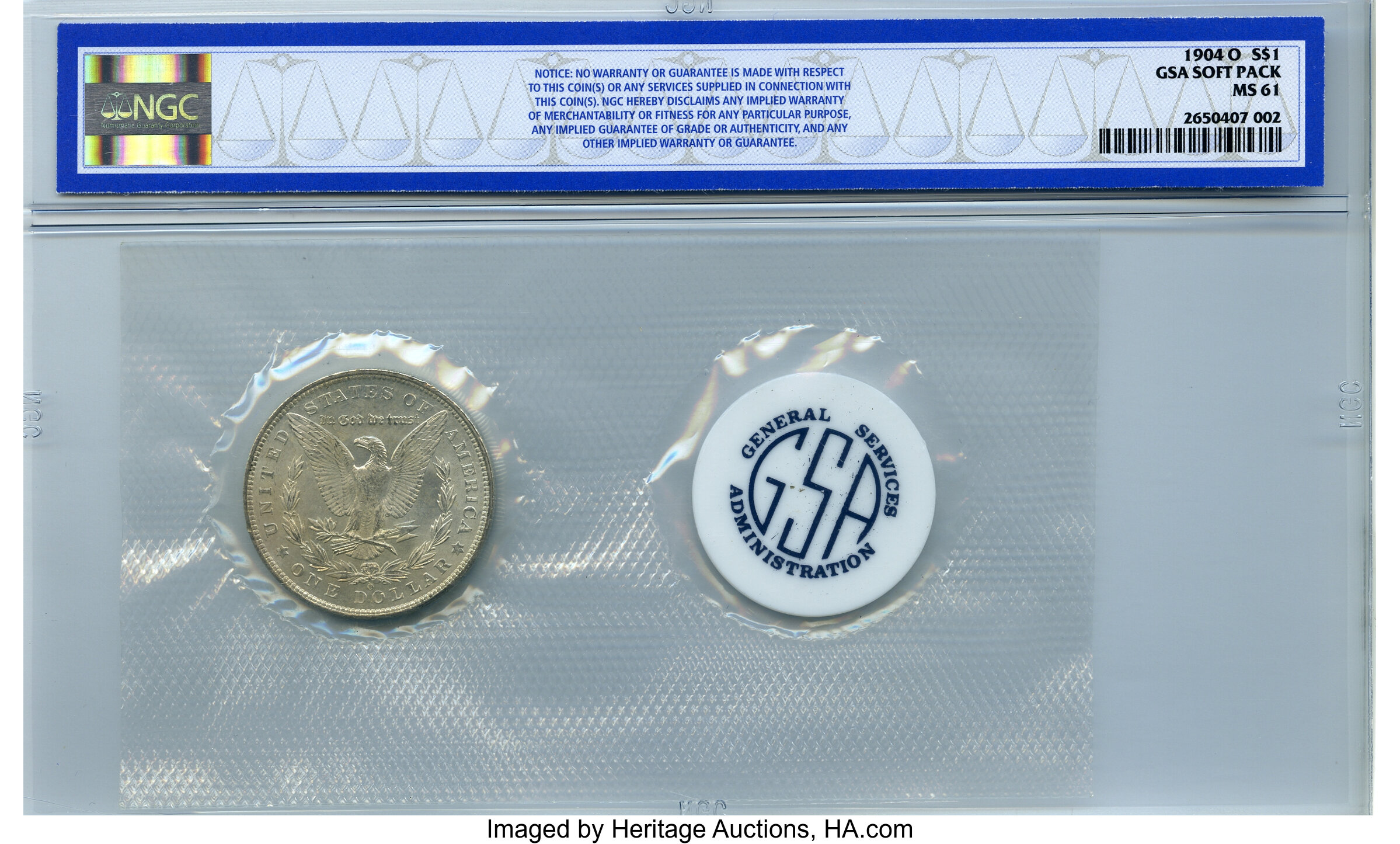 image for: 1904-O $1 GSA Soft Pack MS61 NGC. NGC Census: (543/147693). PCGS Population: (829/129020). CDN: $44 Whsle. Bid for NGC/PCGS...