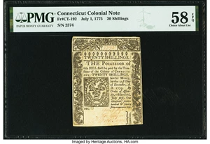 image for: Connecticut July 1, 1775 20 Shillings Fr. CT-192 PMG Choice About Uncirculated 58 EPQ....