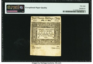 image for: Connecticut July 1, 1775 20 Shillings Fr. CT-192 PMG Choice About Uncirculated 58 EPQ....