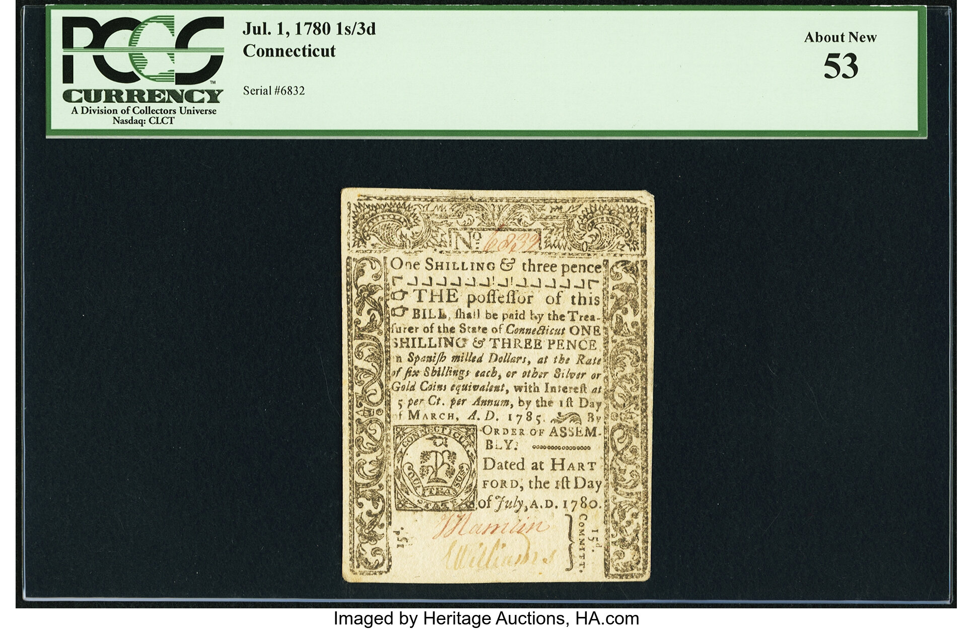 image for: Connecticut July 1, 1780 1 Shilling 3 Pence Fr. CT-235 PCGS About New 53....