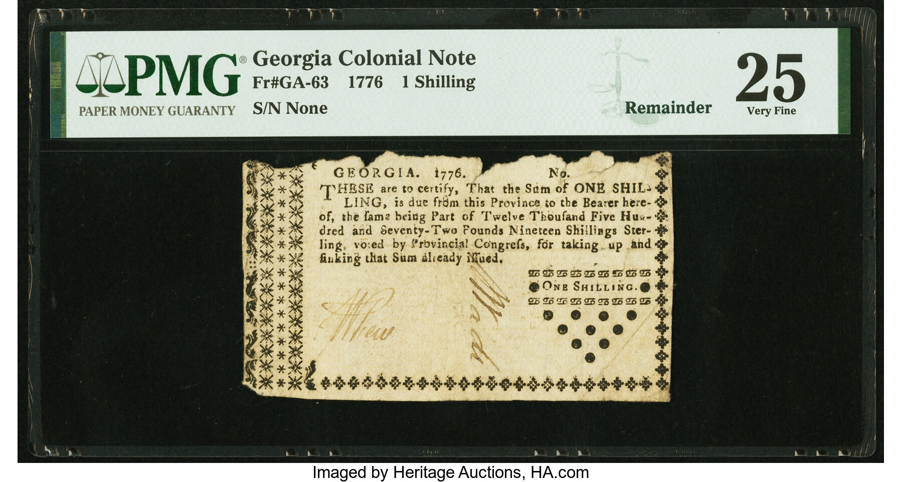 image for: Georgia 1776 Sterling Denominations 1 Shilling Fr. GA-63 Remainder PMG Very Fine 25....