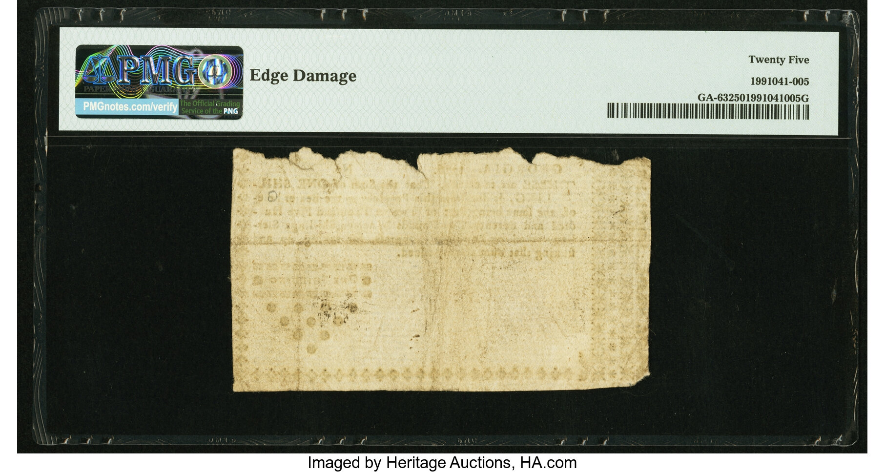 image for: Georgia 1776 Sterling Denominations 1 Shilling Fr. GA-63 Remainder PMG Very Fine 25....