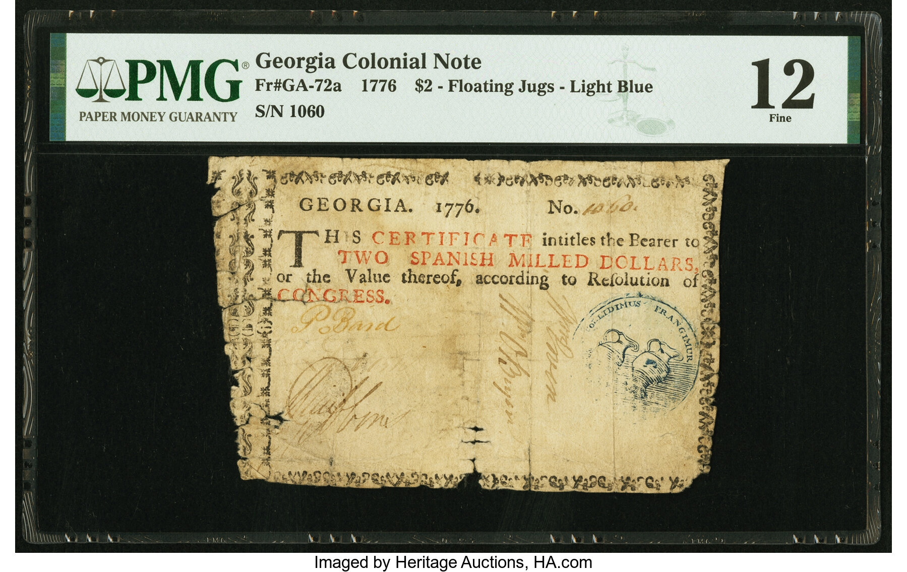 image for: Georgia 1776 Light Blue Seal $2 Floating Jugs Fr. GA-72a PMG Fine 12....