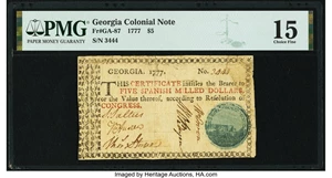 image for: Georgia 1777 No Resolution Date $5 Fr. GA-87 PMG Choice Fine 15....