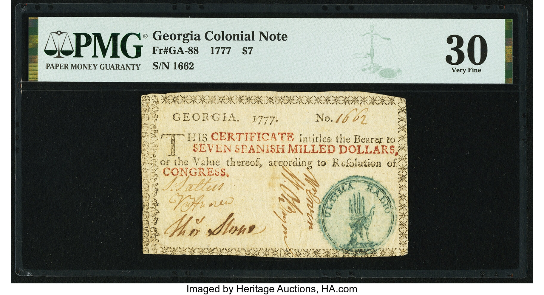 image for: Georgia 1777 No Resolution Date $7 Fr. GA-88 PMG Very Fine 30....