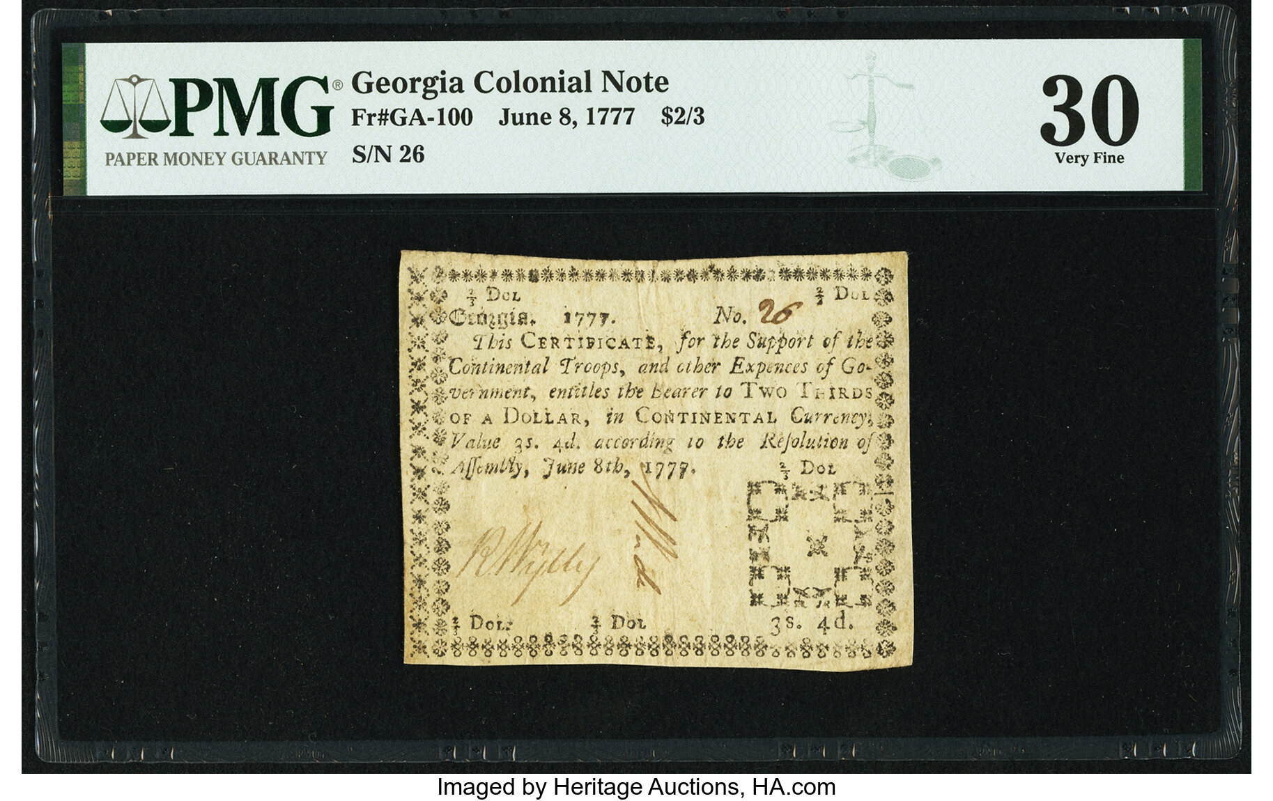 image for: Georgia June 8, 1777 $2/3 Fr. GA-100 PMG Very Fine 30....