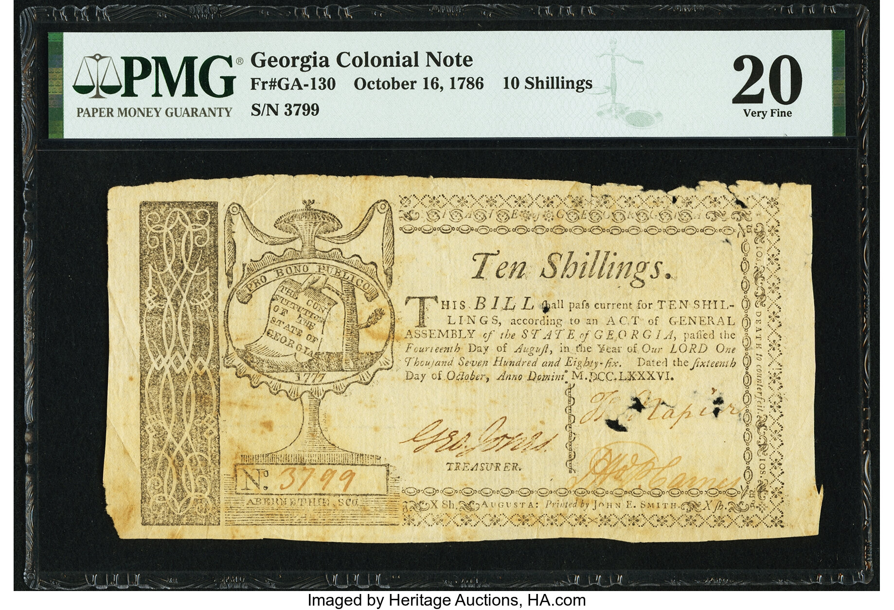 image for: Georgia October 16, 1786 10 Shillings Fr. GA-130 PMG Very Fine 20....