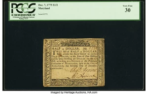 image for: Maryland December 7, 1775 $1/2 Fr. MD-82 PCGS Very Fine 30....