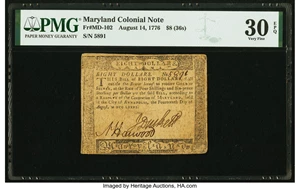 image for: Maryland August 14, 1776 $8 Fr. MD-102 PMG Very Fine 30 EPQ....