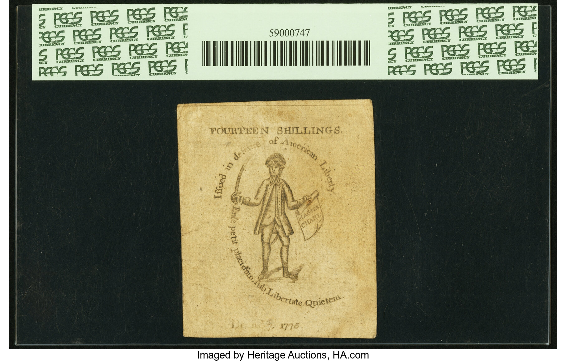 image for: Massachusetts December 7, 1775 14 Shillings Fr. MA-183 PCGS About New 50....