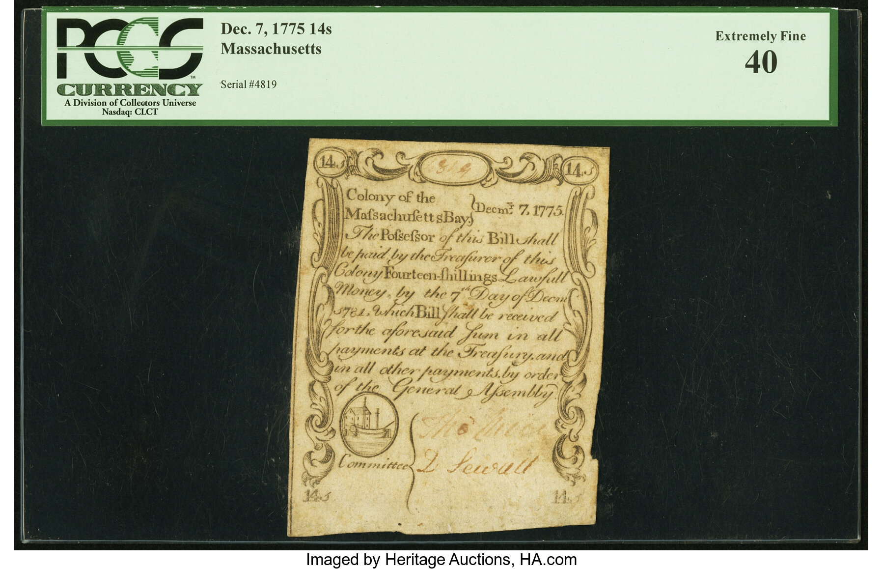image for: Massachusetts December 7, 1775 14 Shillings Fr. MA-183 PCGS Extremely Fine 40. ...