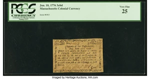 image for: Massachusetts June 18, 1776 3 Shillings 6 Pence Fr. MA-201 PCGS Very Fine 25....