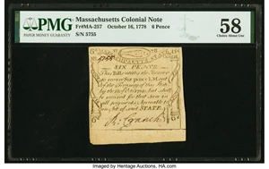 image for: Massachusetts October 16, 1778 6 Pence Fr. MA-257 PMG Choice About Uncirculated 58....