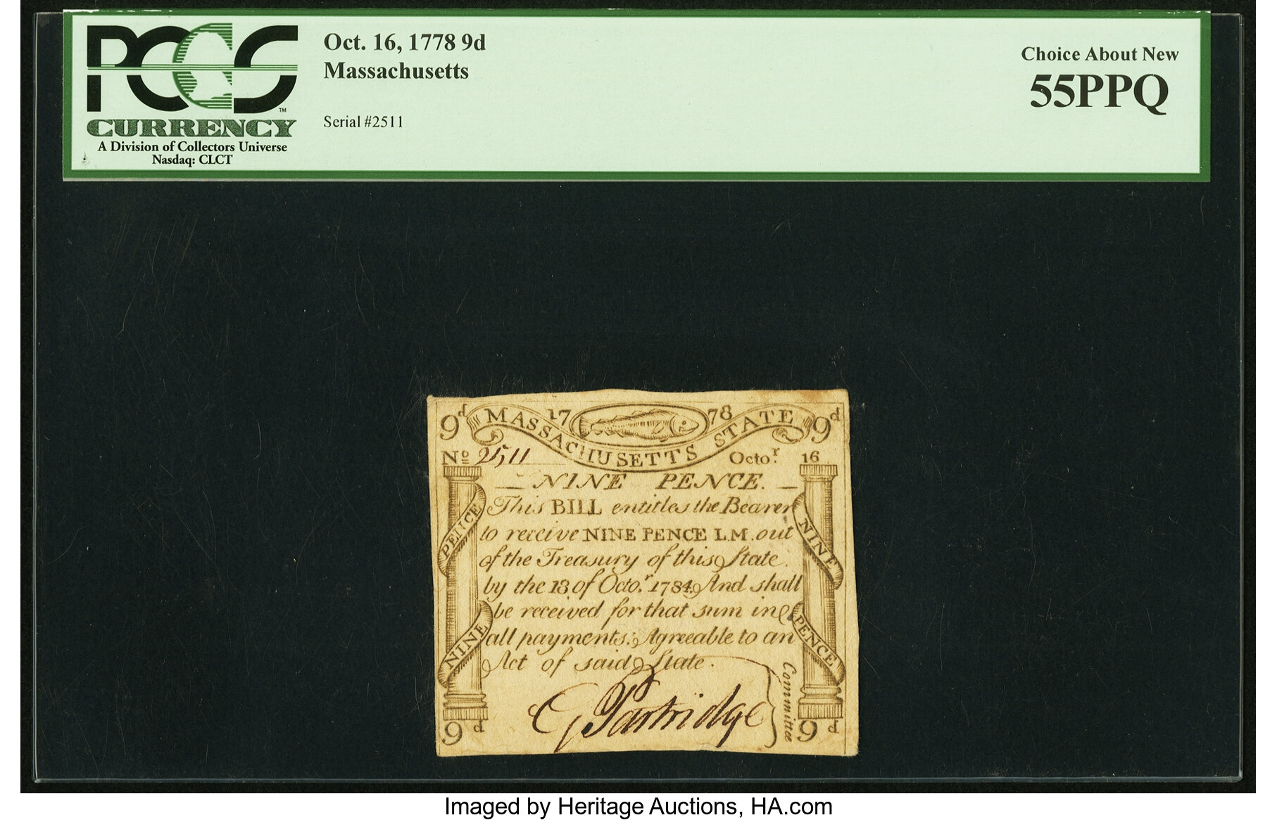 image for: Massachusetts October 16, 1778 9 Pence Fr. MA-259 PCGS Choice About New 55PPQ....