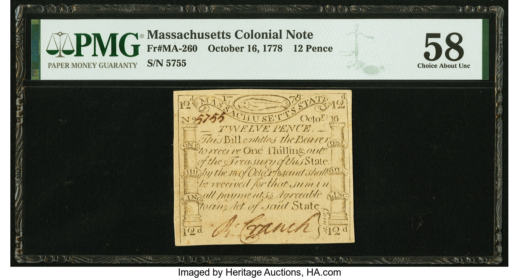 image for: Massachusetts October 16, 1778 12 Pence Fr. MA-260 PMG Choice About Uncirculated 58....