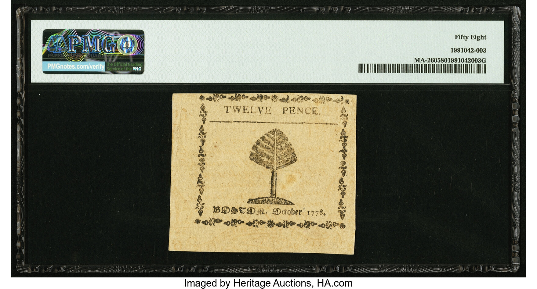 image for: Massachusetts October 16, 1778 12 Pence Fr. MA-260 PMG Choice About Uncirculated 58....