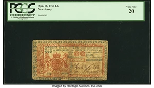 image for: New Jersey April 16, 1764 6 Pounds Fr. NJ-169 PCGS Very Fine 20....