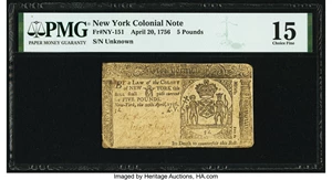 image for: New York April 20, 1756 5 Pounds Fr. NY-151 PMG Choice Fine 15....
