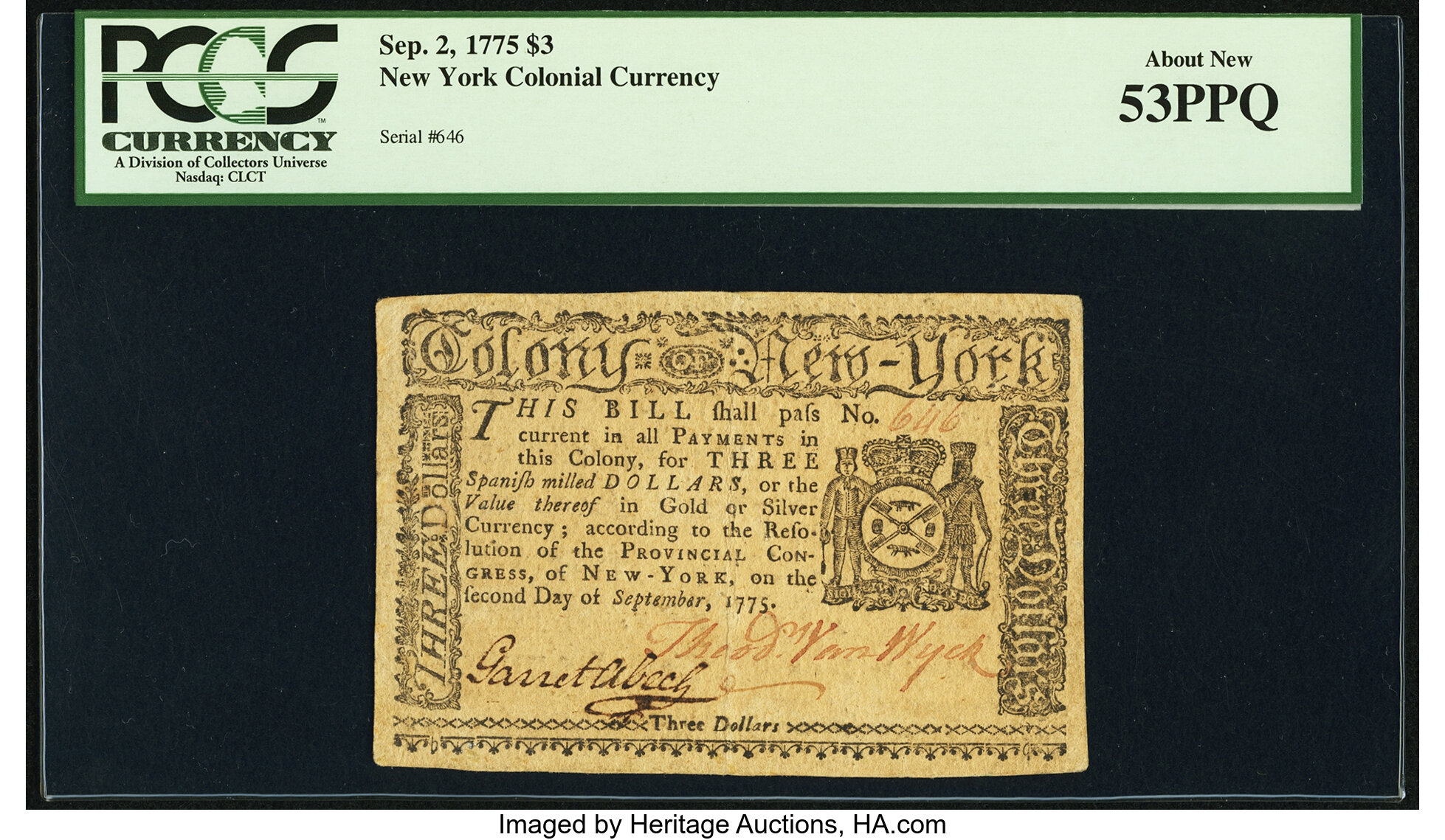 image for: New York September 2, 1775 $3 Fr. NY-179 PCGS About New 53PPQ....