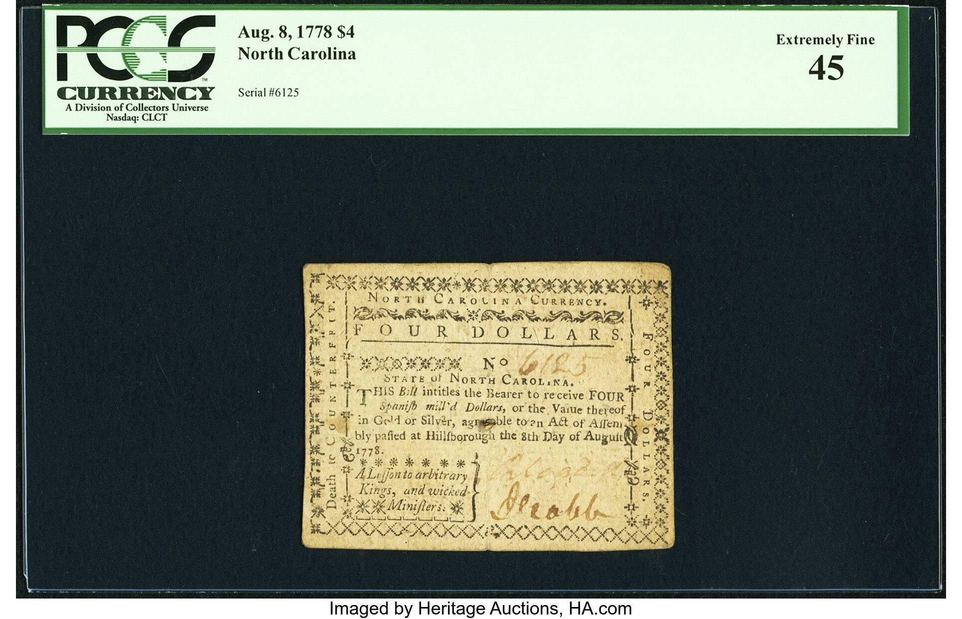 image for: North Carolina August 8, 1778 $4 A Lesson... Fr. NC-175 PCGS Extremely Fine 45. ...
