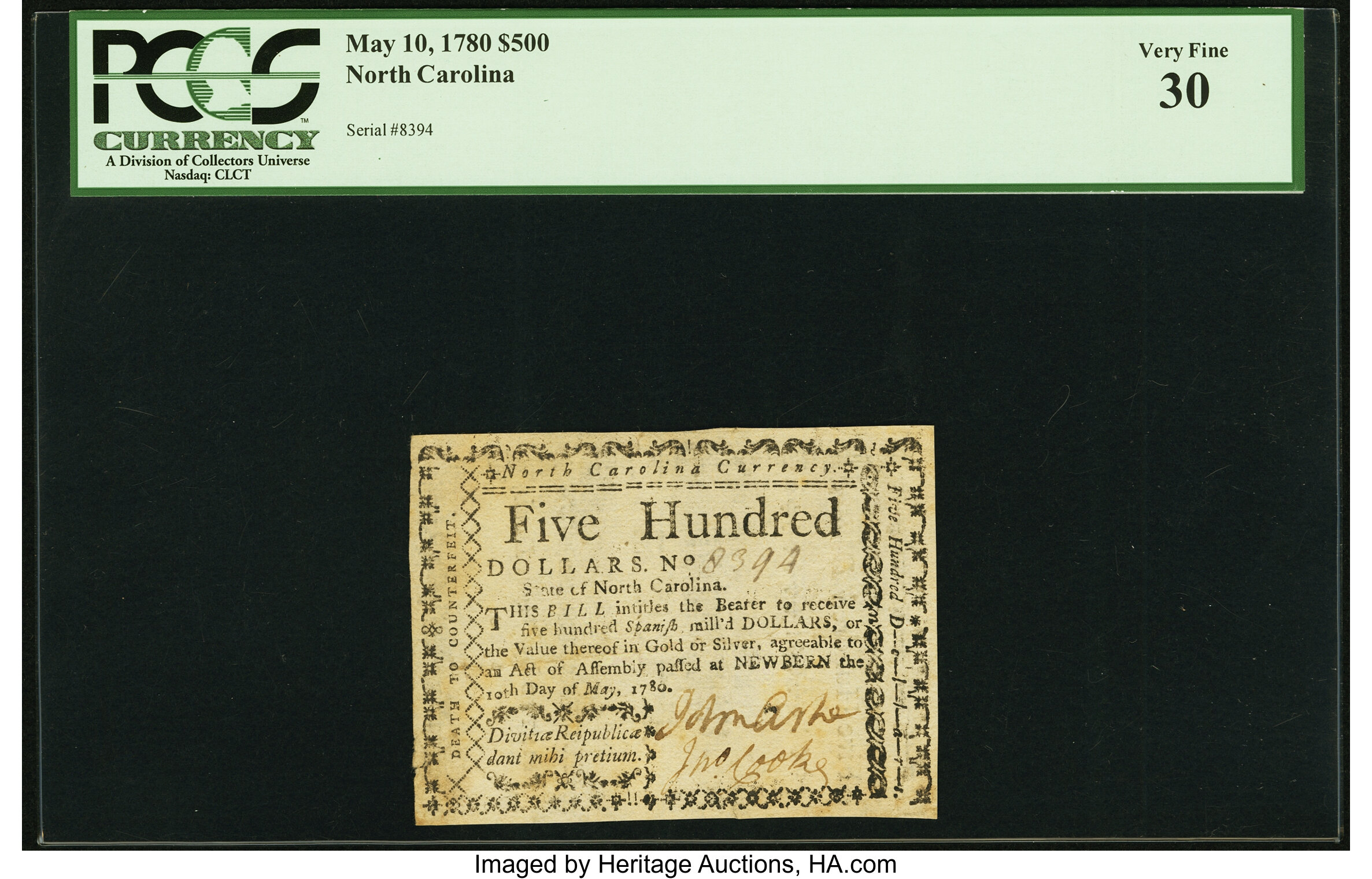 image for: North Carolina May 10, 1780 $500 Divitae Reipublicae ... Fr. NC-198 PCGS Very Fine 30....