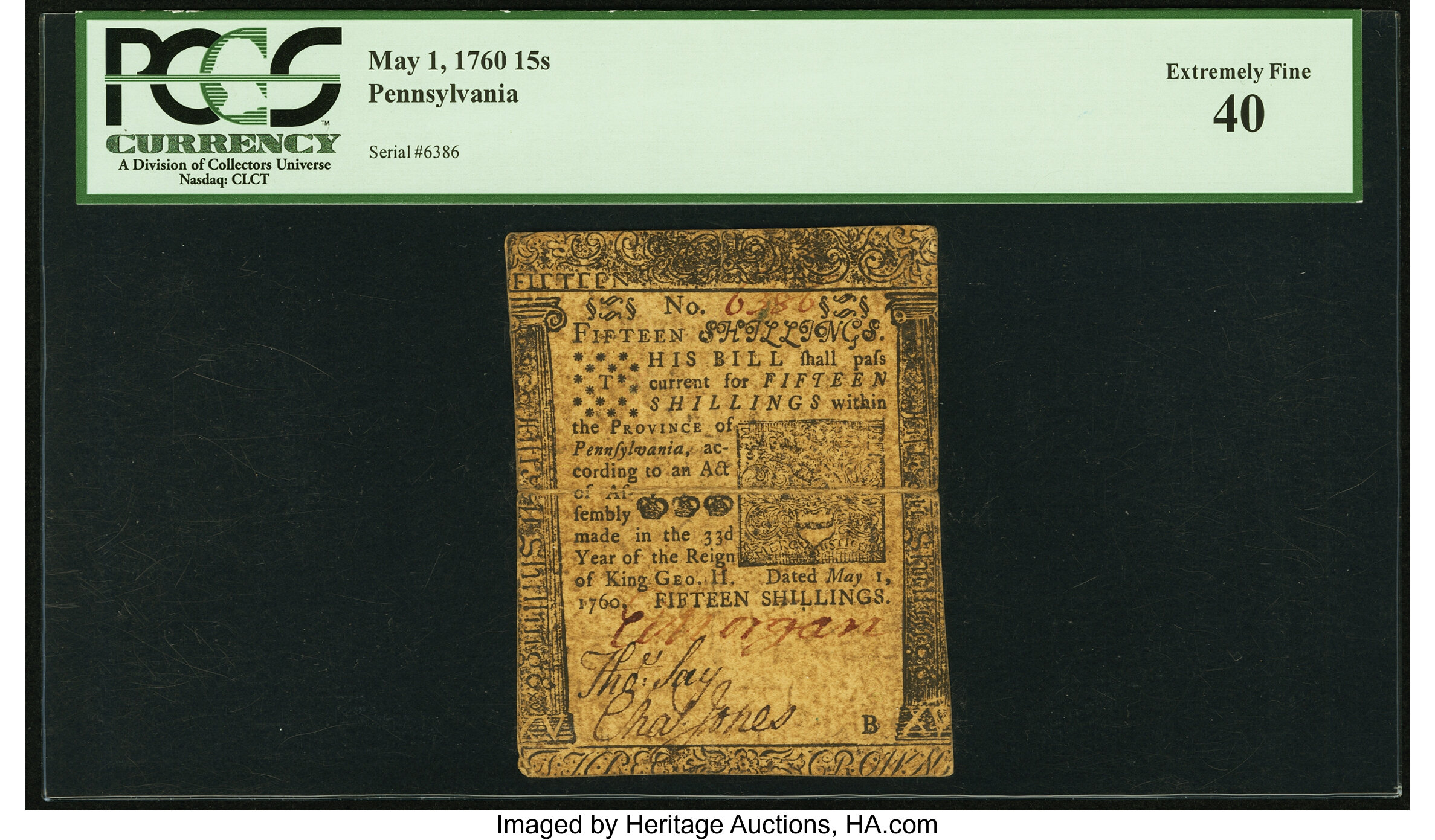 image for: Pennsylvania May 1, 1760 15 Shillings Fr. PA-111 PCGS Extremely Fine 40....