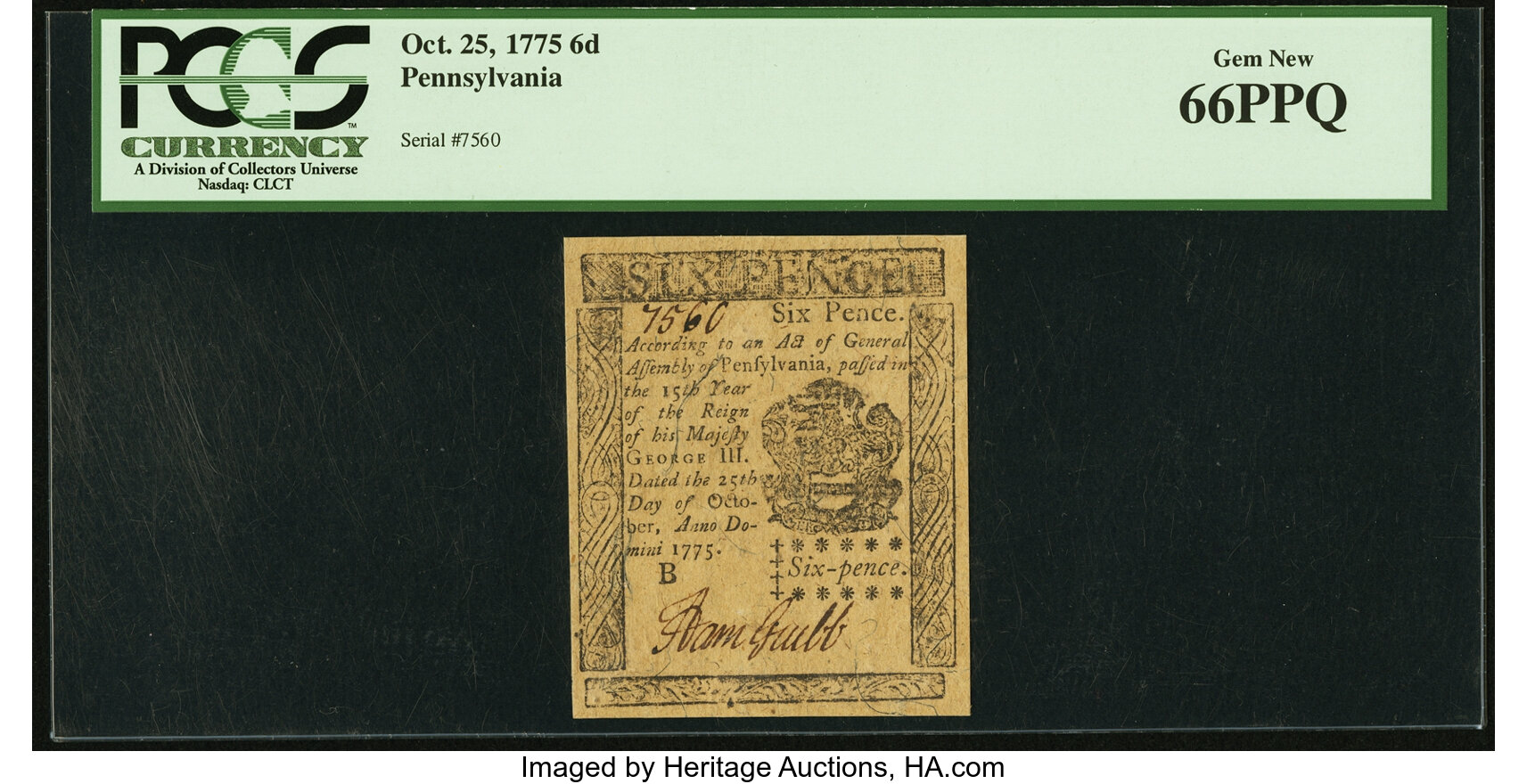 image for: Pennsylvania October 25, 1775 6 Pence Fr. PA-183 PCGS Gem New 66PPQ....