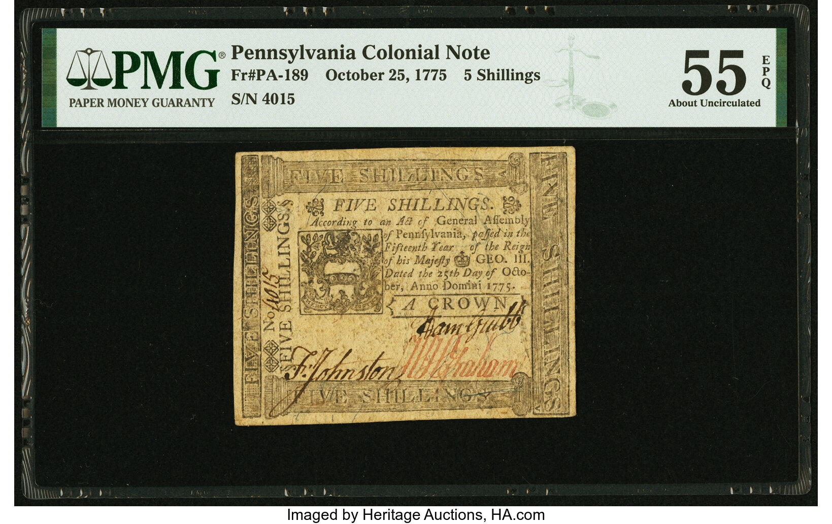 image for: Pennsylvania October 25, 1775 5 Shillings Fr. PA-189 PMG About Uncirculated 55 EPQ....